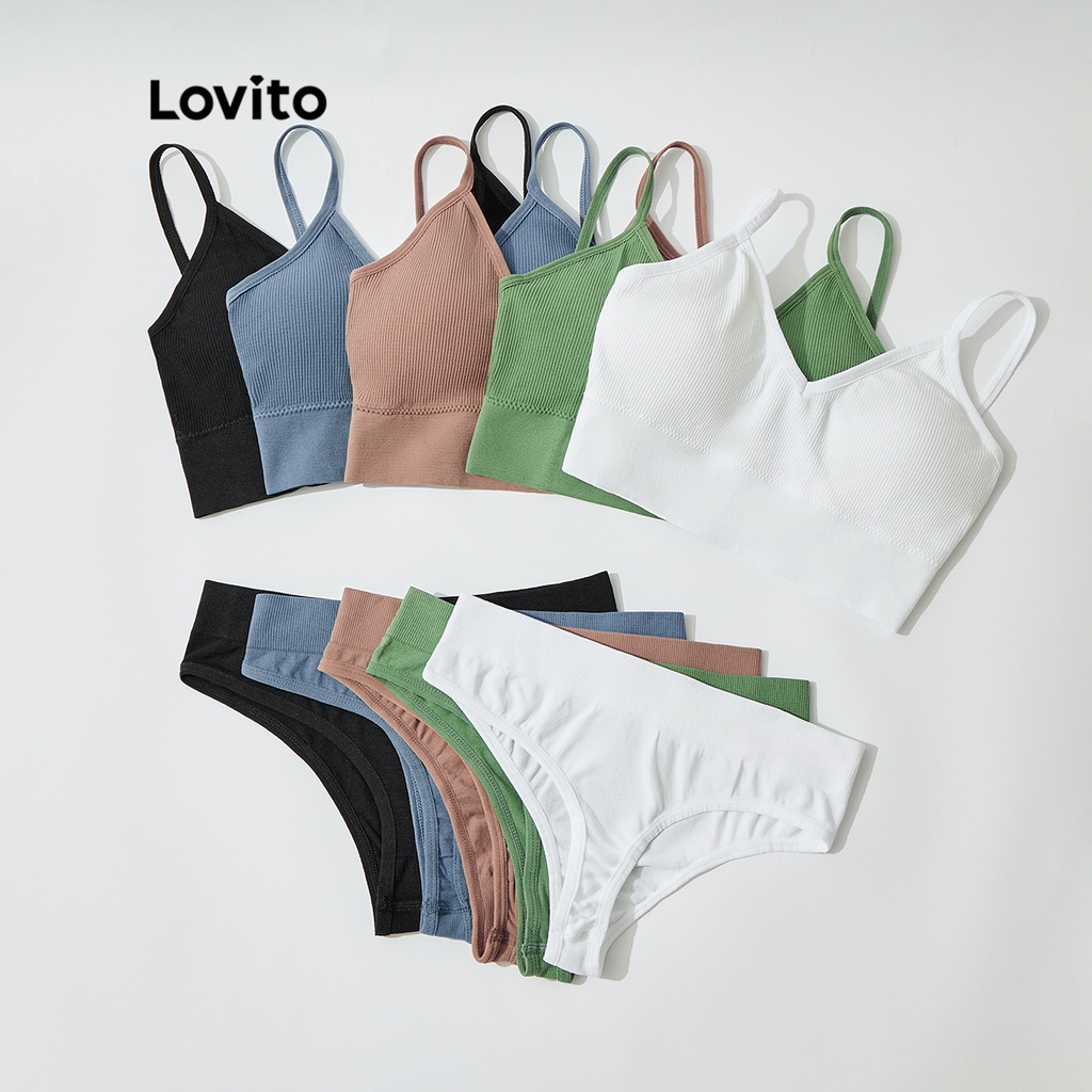 Lovito Conjunto de Sutiã e Calcinha Casual Liso Respirável Cobertura Completa Sem Almofadas L31ED001 (Branco/Preto/Azul/Verde/Rosa Rosa)