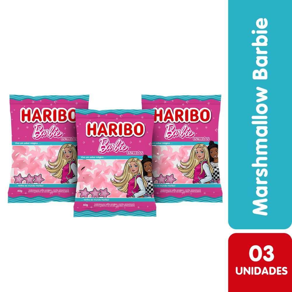 COMBO MARSHMALLOW BARBIE MORANGO HARIBO MATTEL 60G 3 UNIDADES