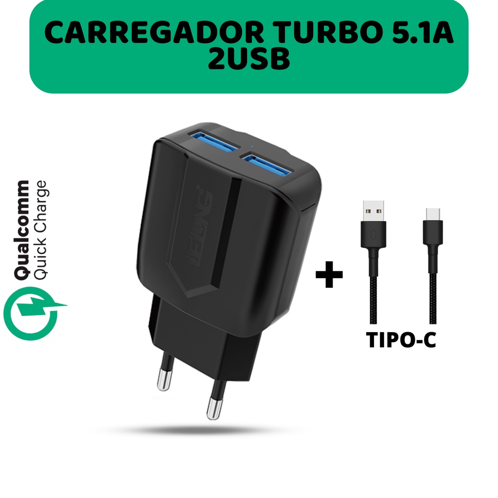 Carregador Turbo Ultra Rapido Quick Charger 2 Usb Cabo Tipo C Envio Imediato Shopee Brasil 6972