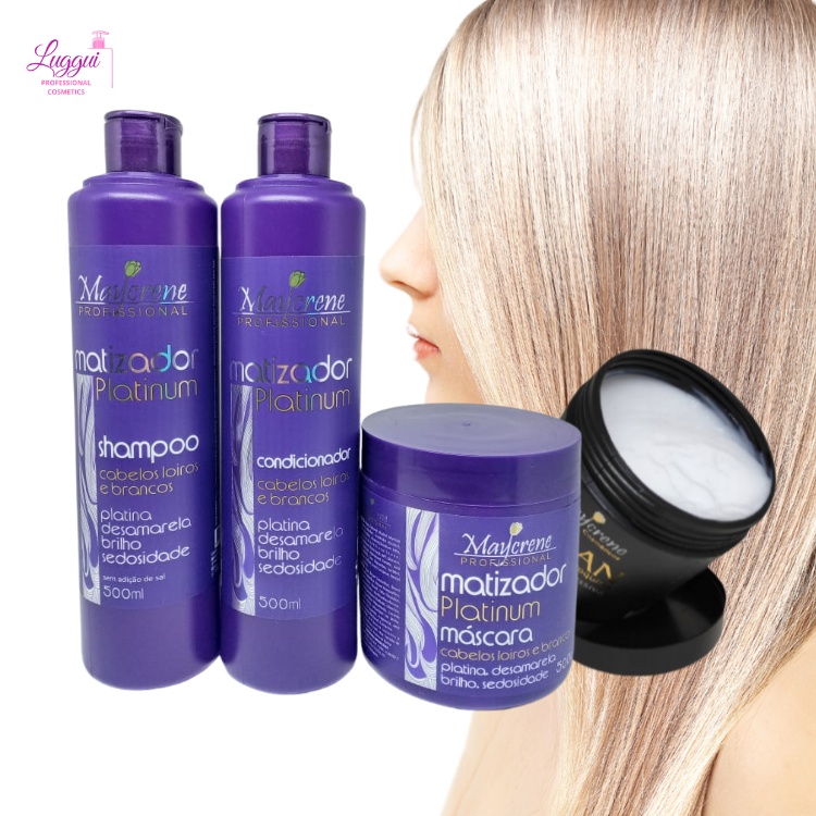 Kit Matizador Platinum Cabelos Loiros + Máscara Pós Progressiva Óleo de Argan Branco 500g - 4 PRODUTOS