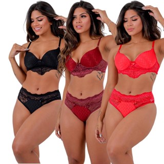 kit 3 conjunto feminino calcinha e sutiã com bojo renda empório da roupa
