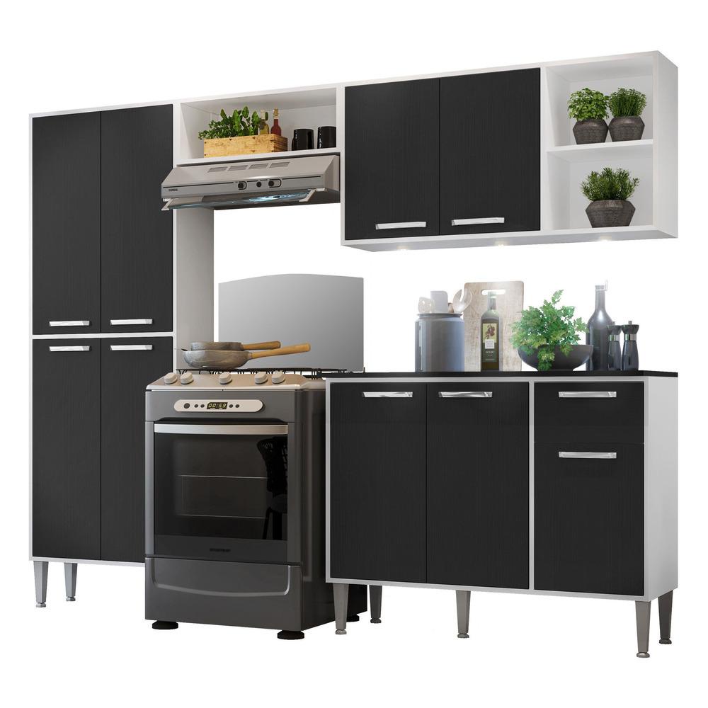 Cozinha Completa Compacta c/ 3 Leds, Armário e Balcão c/ Tampo 4 pçs Xangai Multimóveis Branca/Preta - Home & Living