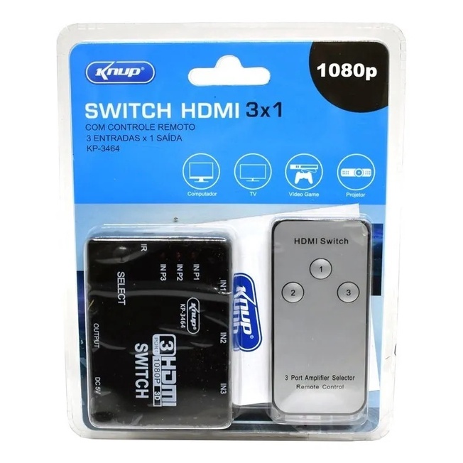 Switch HDMI 3 Portas (KNUP)  MULTI  100% Original Com Controle  01 UND