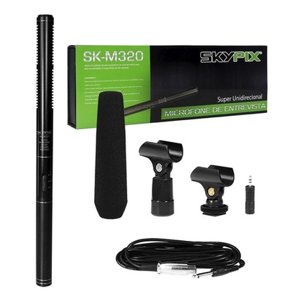 Microfone Shotgun Condensador Ultra-cardióide SK-M321 Skypix Com Espuma, Cachimbos, Cabo 5m, Adaptador P10/P2 Para Áudio E Vídeo