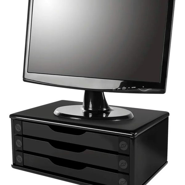 Suporte Para Monitor De Mesa Em Mdf Black Piano Com 3 Gavetas Black Piano Souza Referência 3347
