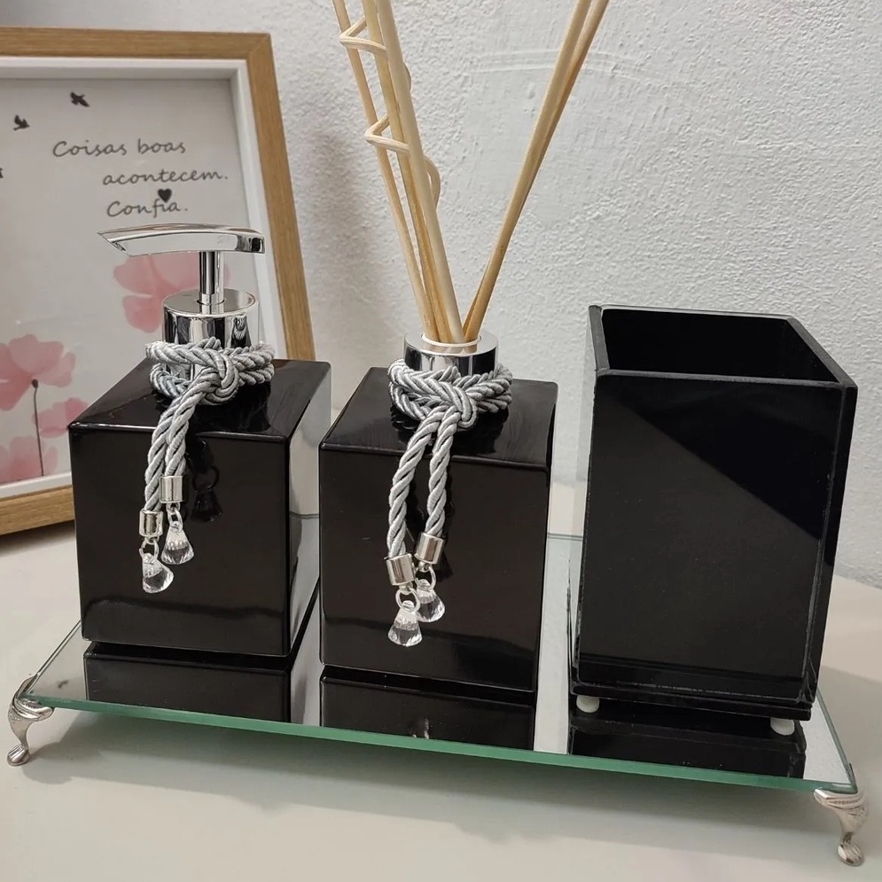 Kit Lavabo Preto Brilho 4 Peças, Difusor e Saboneteira + Porta Escova com Bandeja