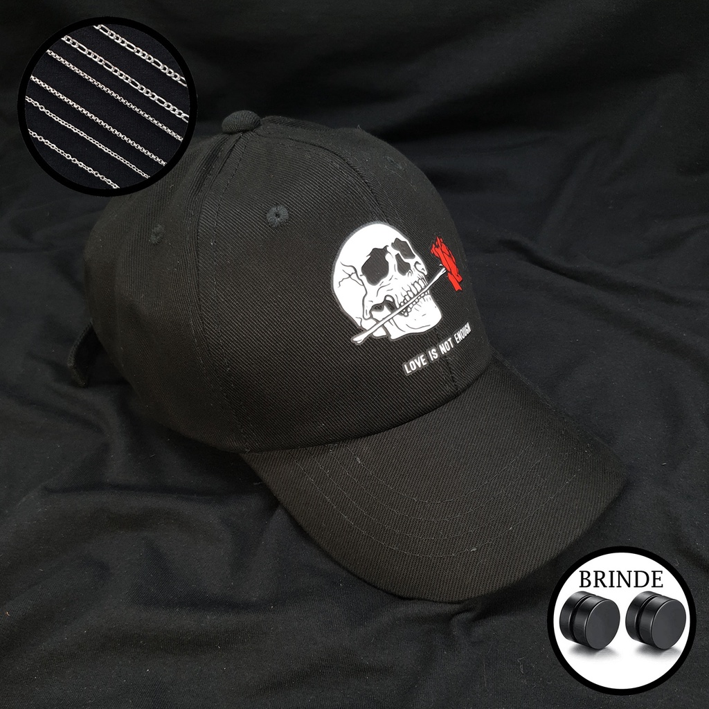 Boné Masculino Preto Caveira Rosa Vermelha + Corrente Aço Inoxidável Cirúrgico Strapback