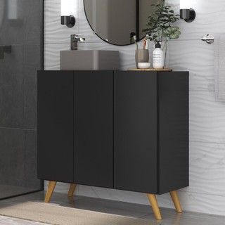 Gabinete Banheiro 3 Portas Retrô 90cm Multimóveis MP5030 Preto/Natural em Oferta na Shopee