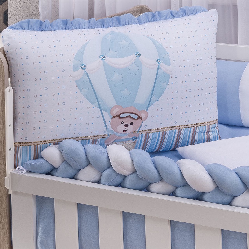 Kit Berço de Menino Azul Bebê Ursinho Baloeiro com Mosquiteiro e Trança 10 Peças Padrão Americano