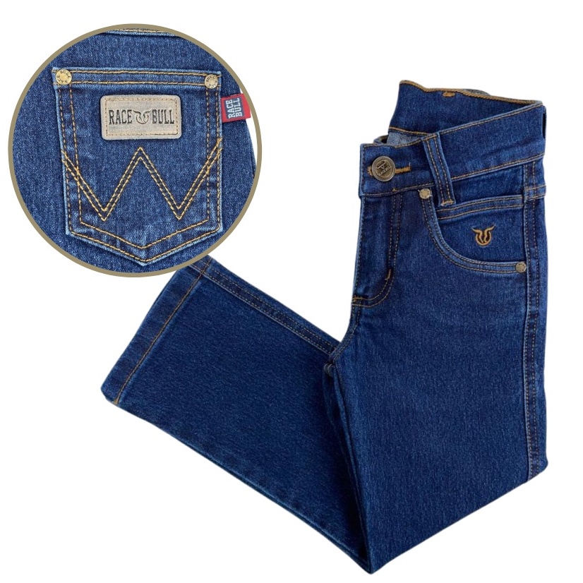 Calça Jeans Escura Infantil Menino Tradicional Masculina Race Bull Azul Reta com Lycra Folgada para Usar com Botina