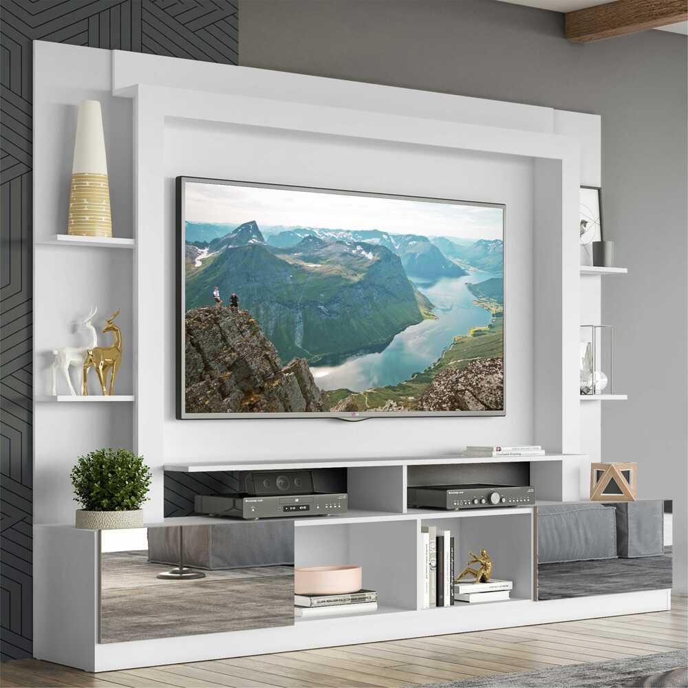 Rack c/ Painel TV 65" Portas c/ Espelho Oslo Multimóveis Branco/Lacca Fumê em Oferta na Shopee