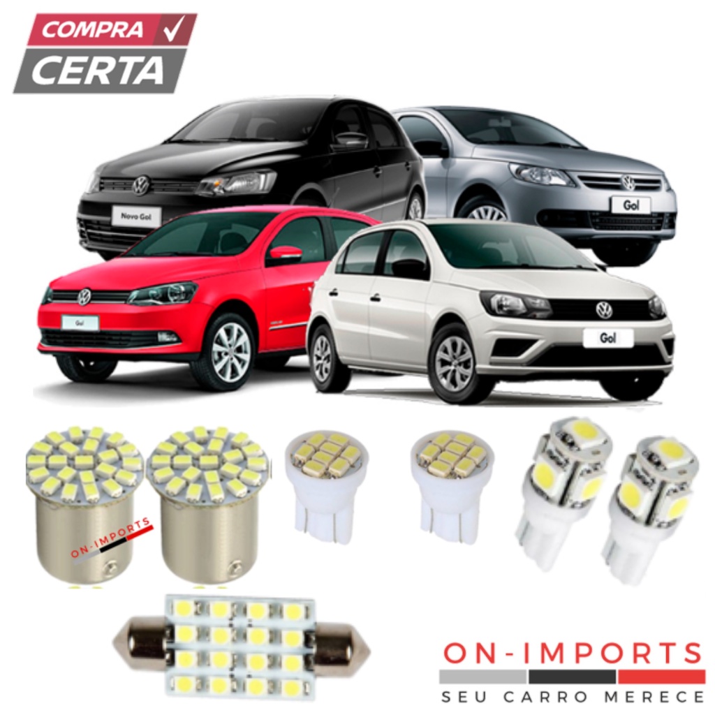 CONJUNTO LED PREMIUM VW GOL G5 G6 G7 LÂMPADAS RÉ PLACA TETO FAROL FAROLETE MEIA LUZ ESTACIONAMENTO T10 TORPEDO PINGO POLO