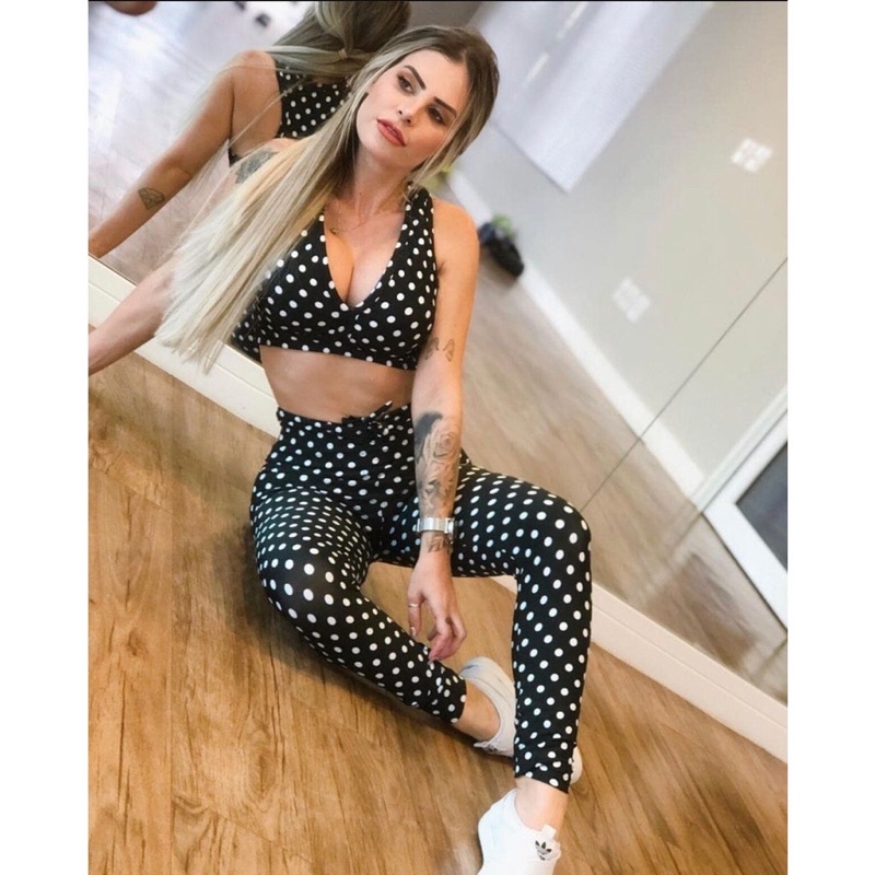 Conjunto roupa de academia leg corda e top nadador com bojo poa e estampas tecido suplex
