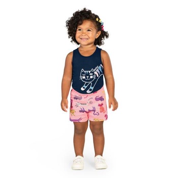 Conjunto Bebê Feminino Malha Regata e Shorts Estampado Gatinho Brandili Club - 35445.004