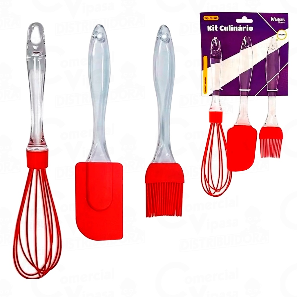 Kit Culinário Espátula Pincel E Batedor de Ovo Silicone 3 peças Western em Oferta na Shopee