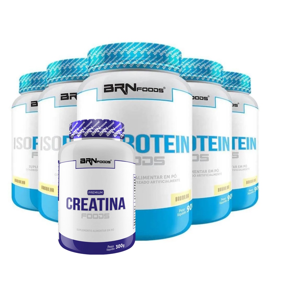 Kit 5x Whey Protein Isolada 900g Iso Protein Foods + Creatina Monohidratada - BRN FOODS