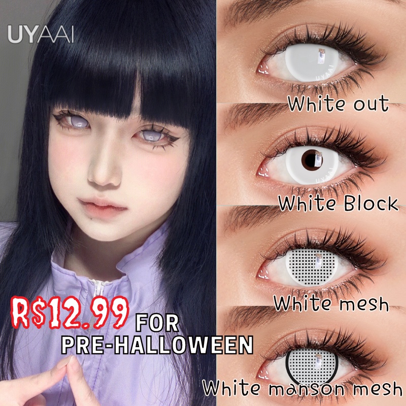 UYAAI 2 Pçs/Par 【1*contacts Lenses+1*tweezers+1*lenses Case】Lentes De Contato Branca Para Personagem De Halloween/Cosplay/Malha All White