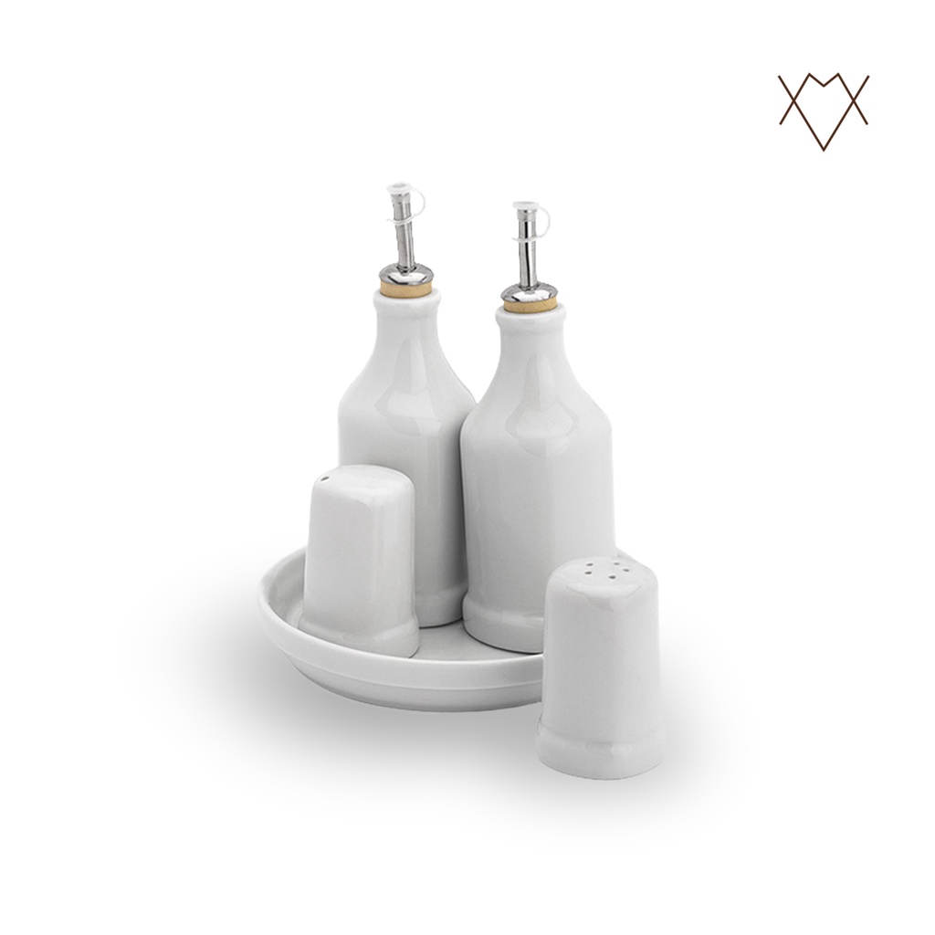 Galheteiro Porta Tempero Dosador em Inox Completo Porcelana Branca 5 Peças Paliteiro Saleiro Porta Vinagre Azeite