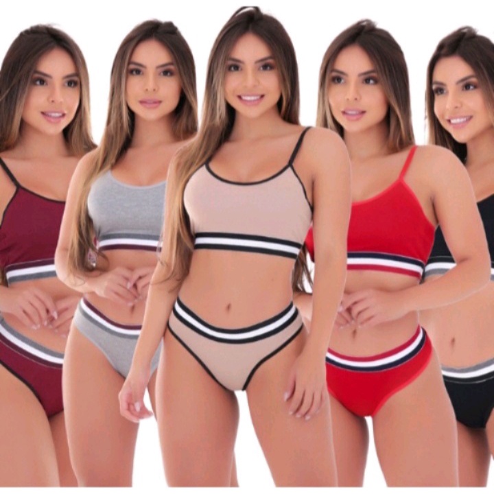 kit 5 conjunto feminino top com calcinha microfibra forrado em Oferta na Shopee