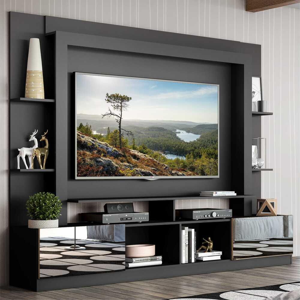Rack c/ Painel TV 65" Portas c/ Espelho Oslo Multimóveis Preto/Madeirado em Oferta na Shopee