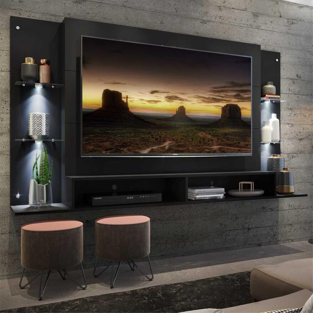 Painel TV 60" com 4 Leds e Prateleiras de Vidro Vegas Multimóveis Preto em Oferta na Shopee