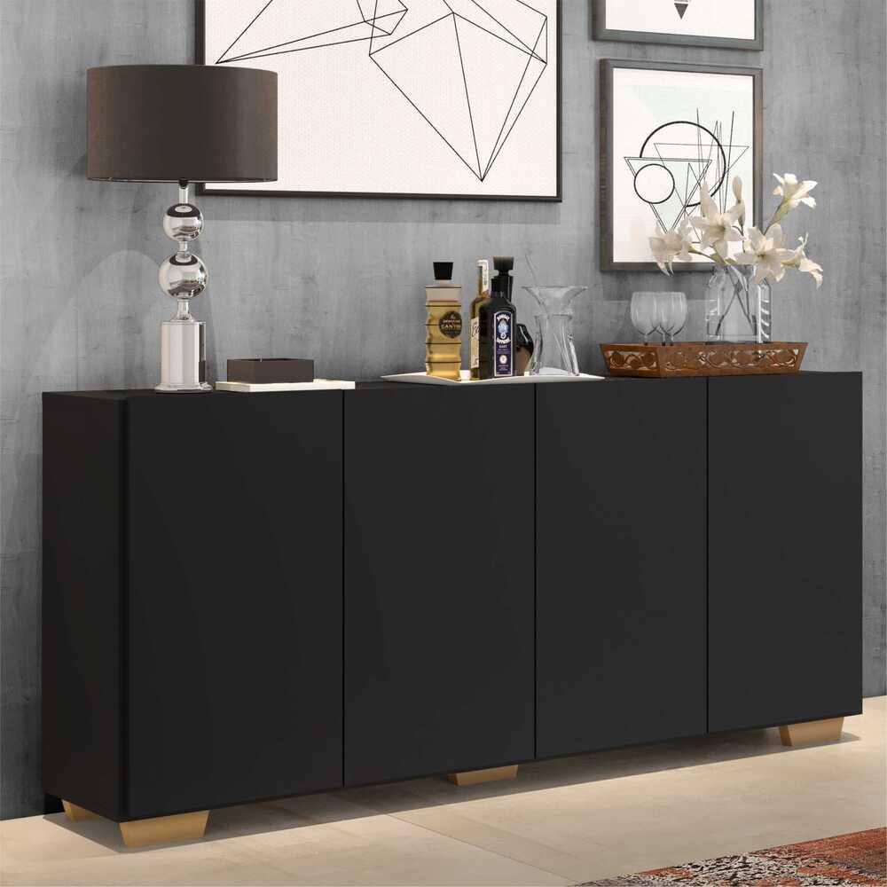 Aparador Buffet 4 Portas c/ Pés Quadrados Veneza Multimóveis Preto/Natural em Oferta na Shopee