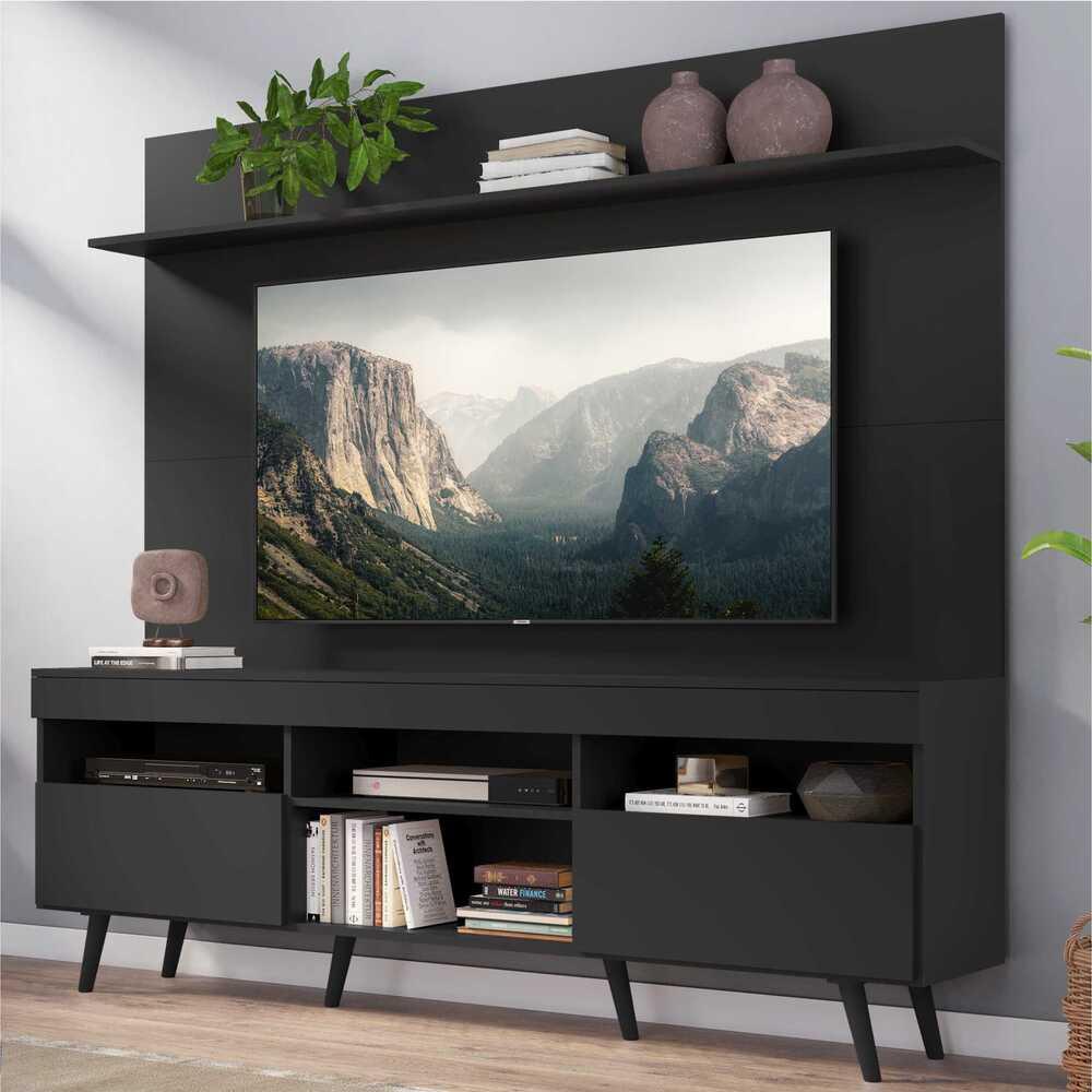 Rack com Painel TV 65" Madri Multimóveis Pés Retrô e Prateleira Preto - Home & Living