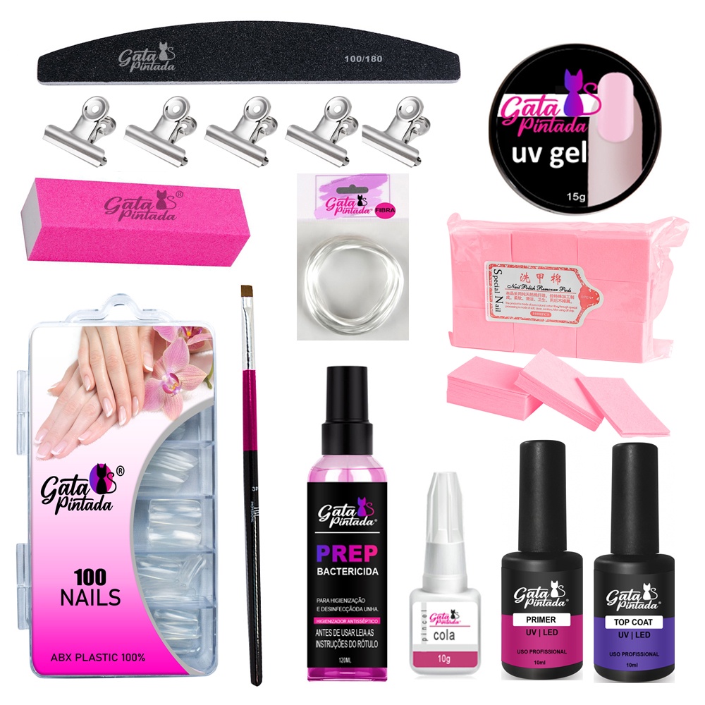 Kit Unhas em Gel Alongamento na Fibra com Top Coat Primer Manicure Profissional