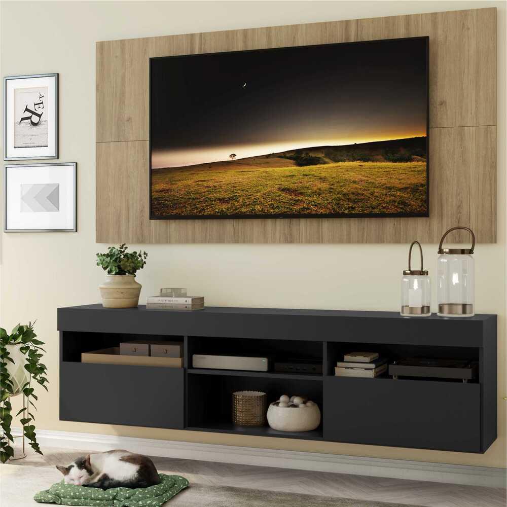 Rack com Painel e Suporte para TV até 65" Suspenso com 2 Portas Londres Multimóveis Preto/Rustic - Home & Living