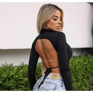 Cropped Costas aberta Manga Longa Golinha Sem bojo Suplex