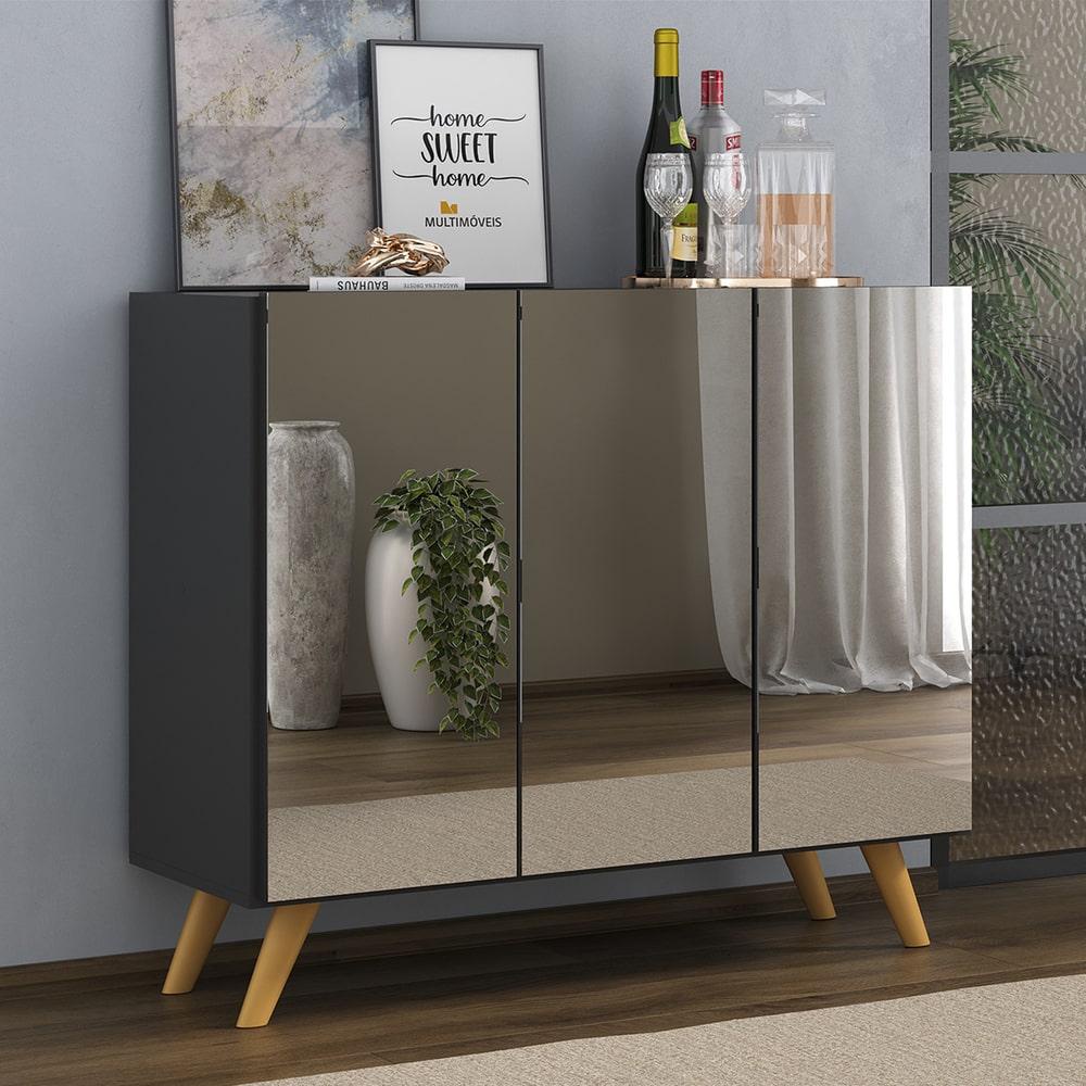Aparador Buffet 3 Portas com Espelho Retrô Vegas Multimóveis MP1013 Preto/Natural em Oferta na Shopee