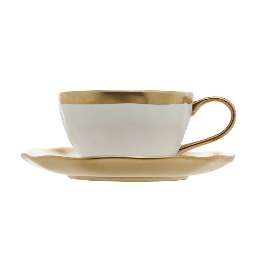 Xícara de Café c/ Pires de Porcelana Dubai Branco e Dourado 90ml - Wolff