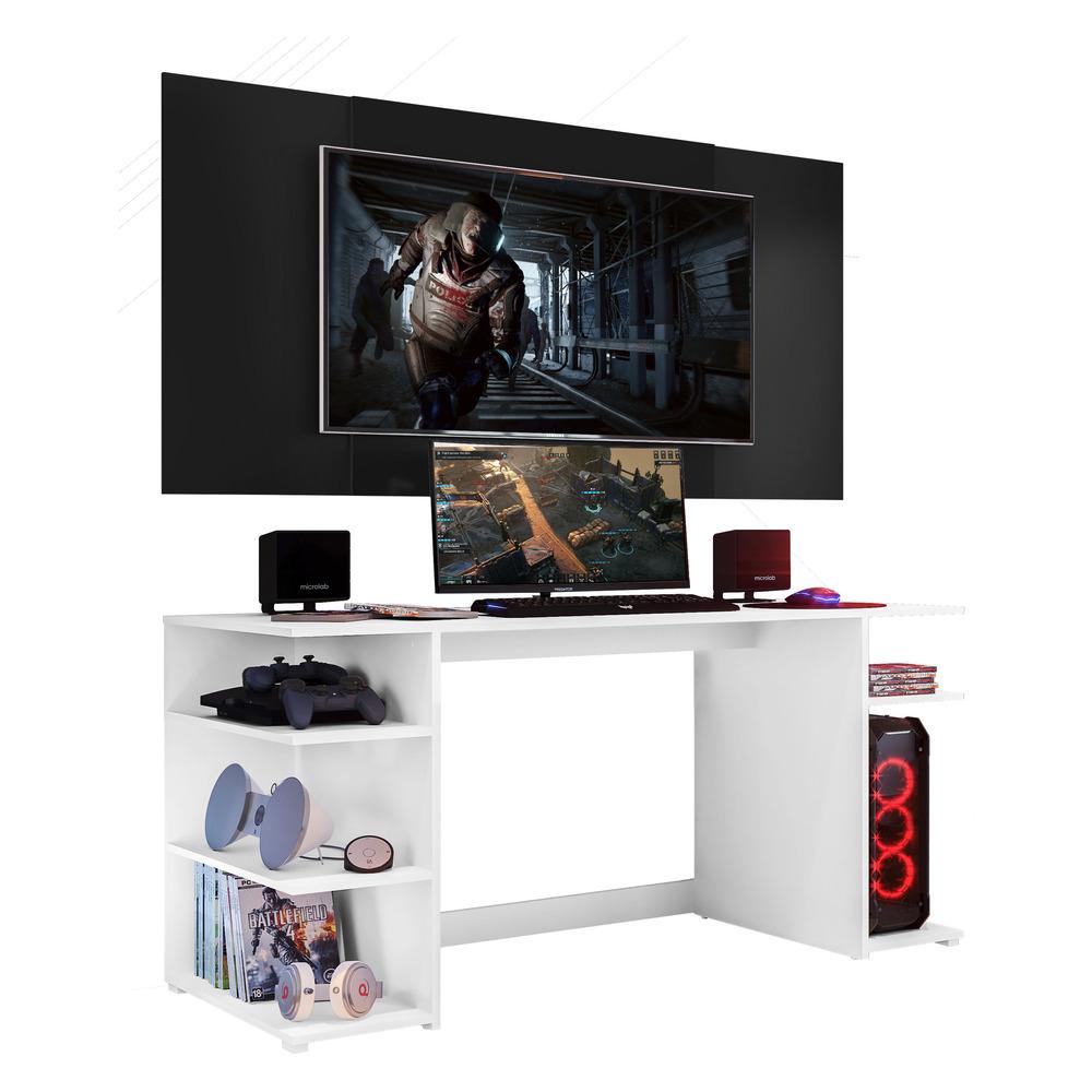 Mesa Gamer Escrivaninha com Painel TV 55" Guilda Multimóveis Branco/Preto