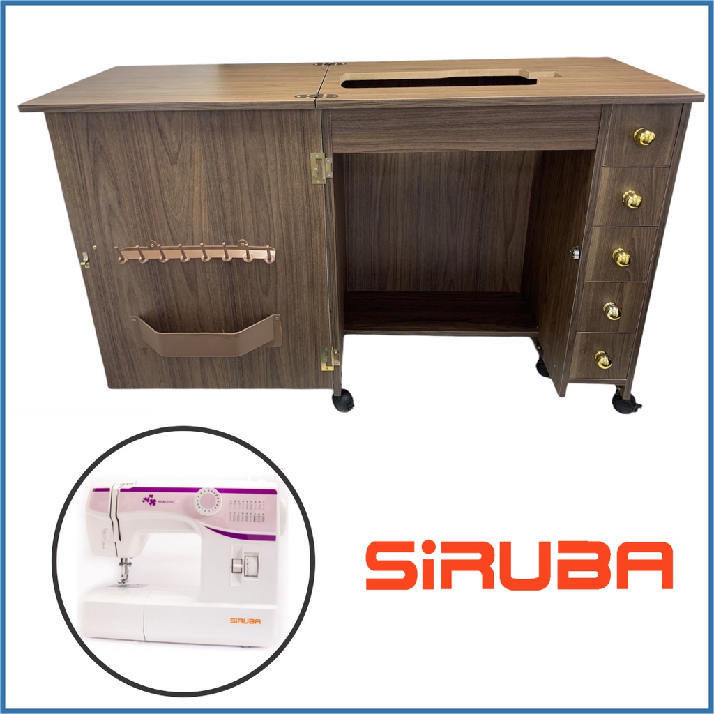 Gabinete Gaveteiro com 5 Gaveteiros Móvel Mesa Para Máquina De Costura Siruba HSM-2212 Portátil (Braço Livre) - CASTANHO