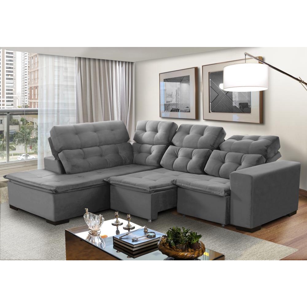 Sofá de Canto Berlim Retrátil/Reclinável 6 Lugares Cinza Pillow Top c/molas bonnel 2,20x2,80 - Sofá Casa