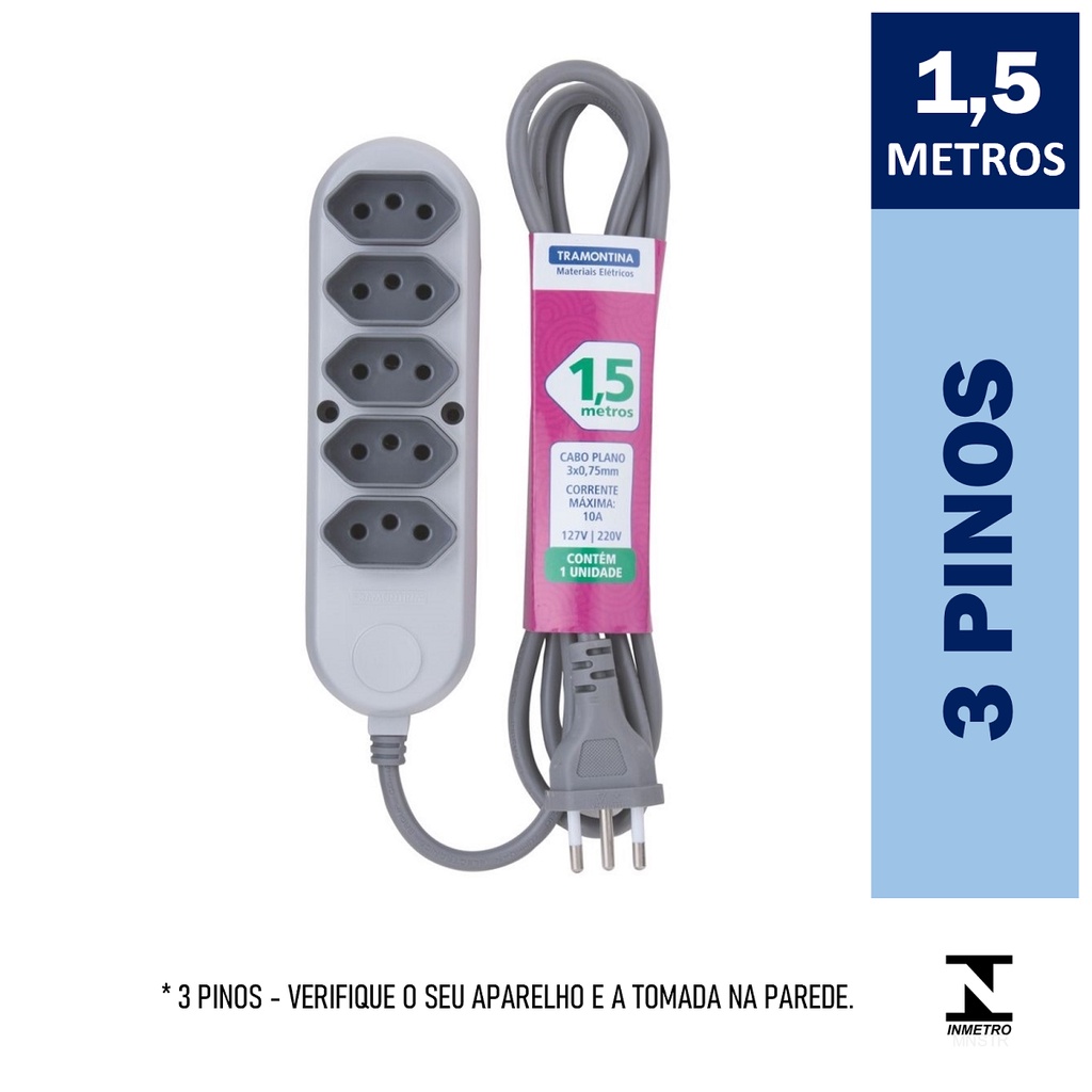 Extensão Elétrica 1,5 Metros Tramontina com 5 Tomadas de 3 Pinos (2P+T) 10A Cinza — imagem 2 de 2