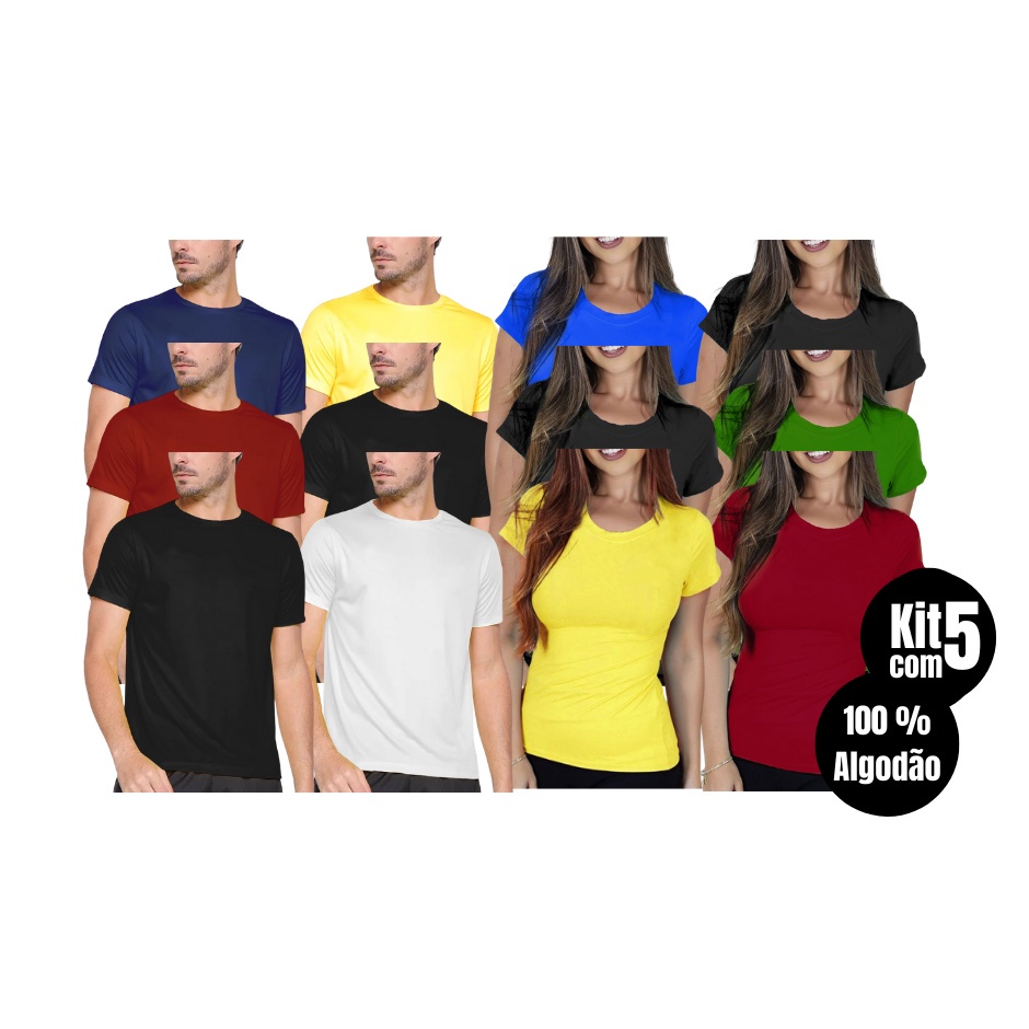Kit com 5 Camisas Camisetas Blusas Baby Looks T-shirts Unissex Masculina Feminina Slim Básica Tecido de Qualidade 100% Algodão Caimento Perfeito Para Dia a Dia Trabalho Uniforme