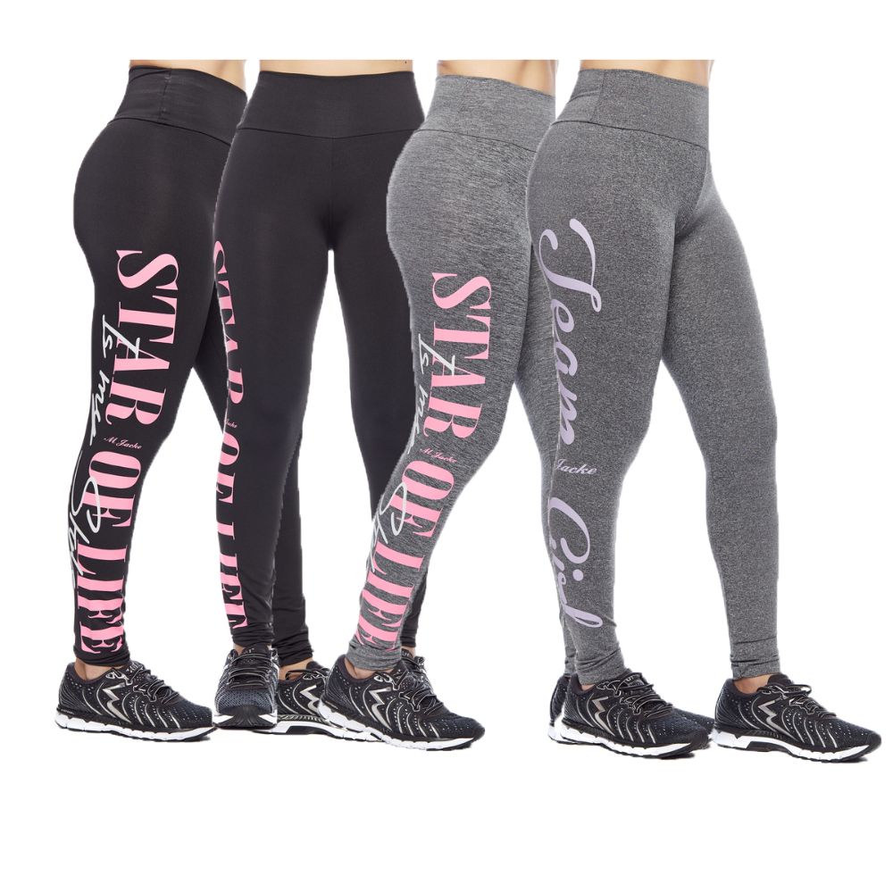 Kit 4 Legging Adulto Feminina Fitness Academia Caminhada Corrida Cós Alto Escrita Lateral Básica