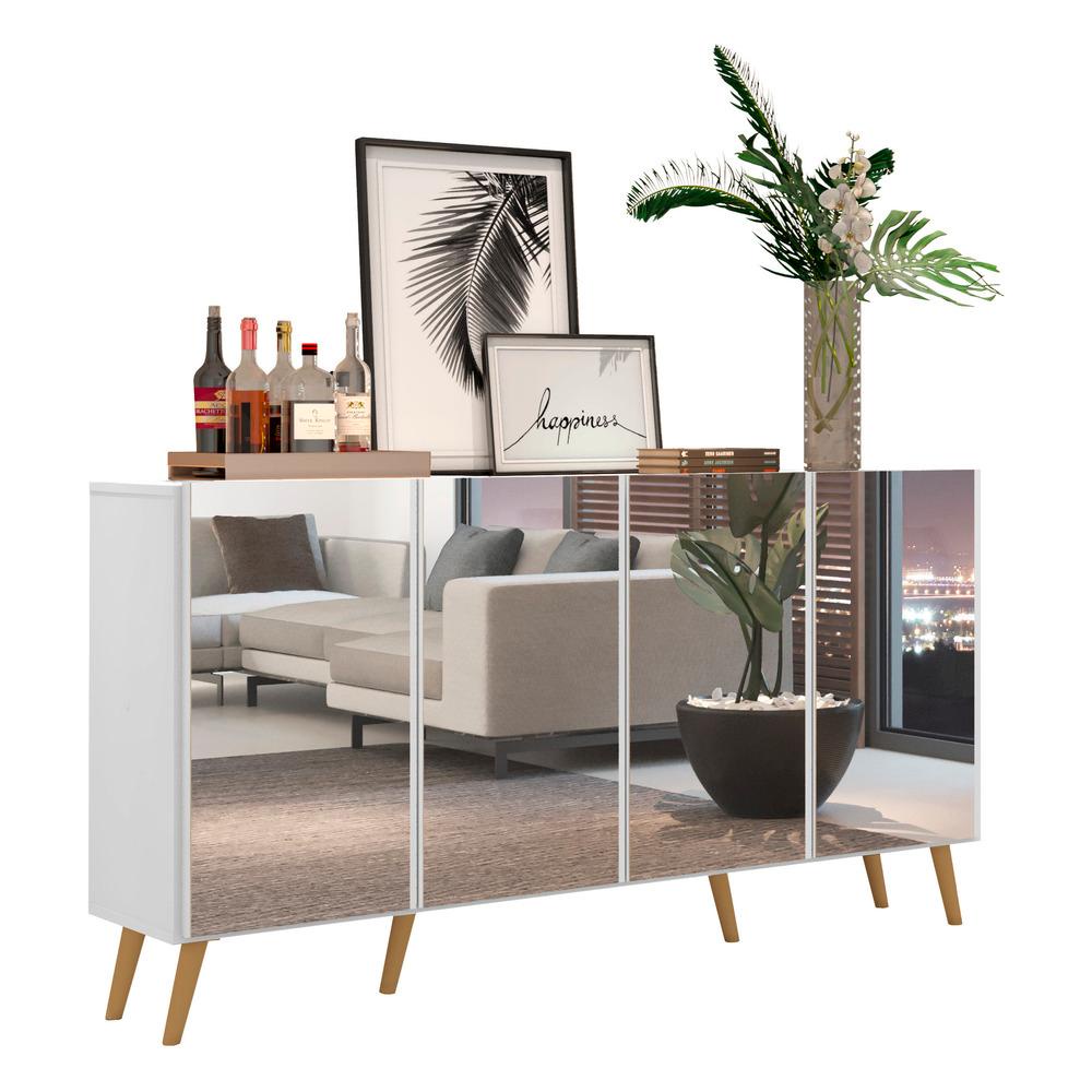 Aparador Buffet 4 portas c/ Espelho e Pés Retrô Vegas Multimóveis Branco/Natural em Oferta na Shopee