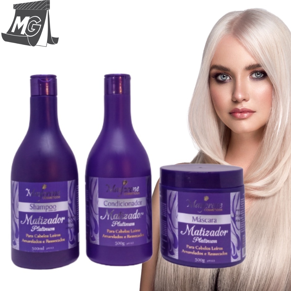 Kit Matizador Platinum Loiro Maycrene 3x500ml, para Cabelos Loiros e Grisalhos desamarela e Hidrata