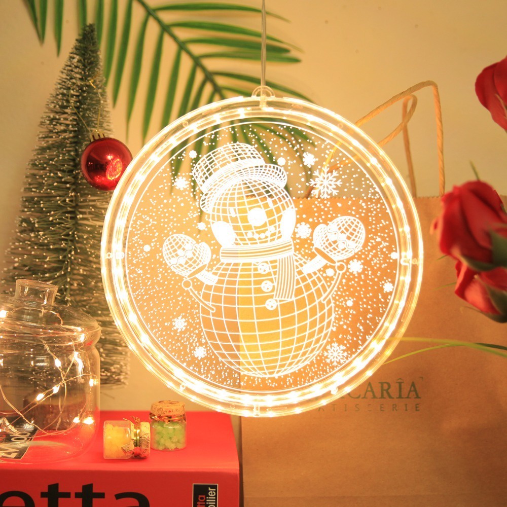 Luminária Natalina Pendente Ventosa Enfeite Decoração de Natal Boneco de Neve  Led 3D Vidro Vitrine