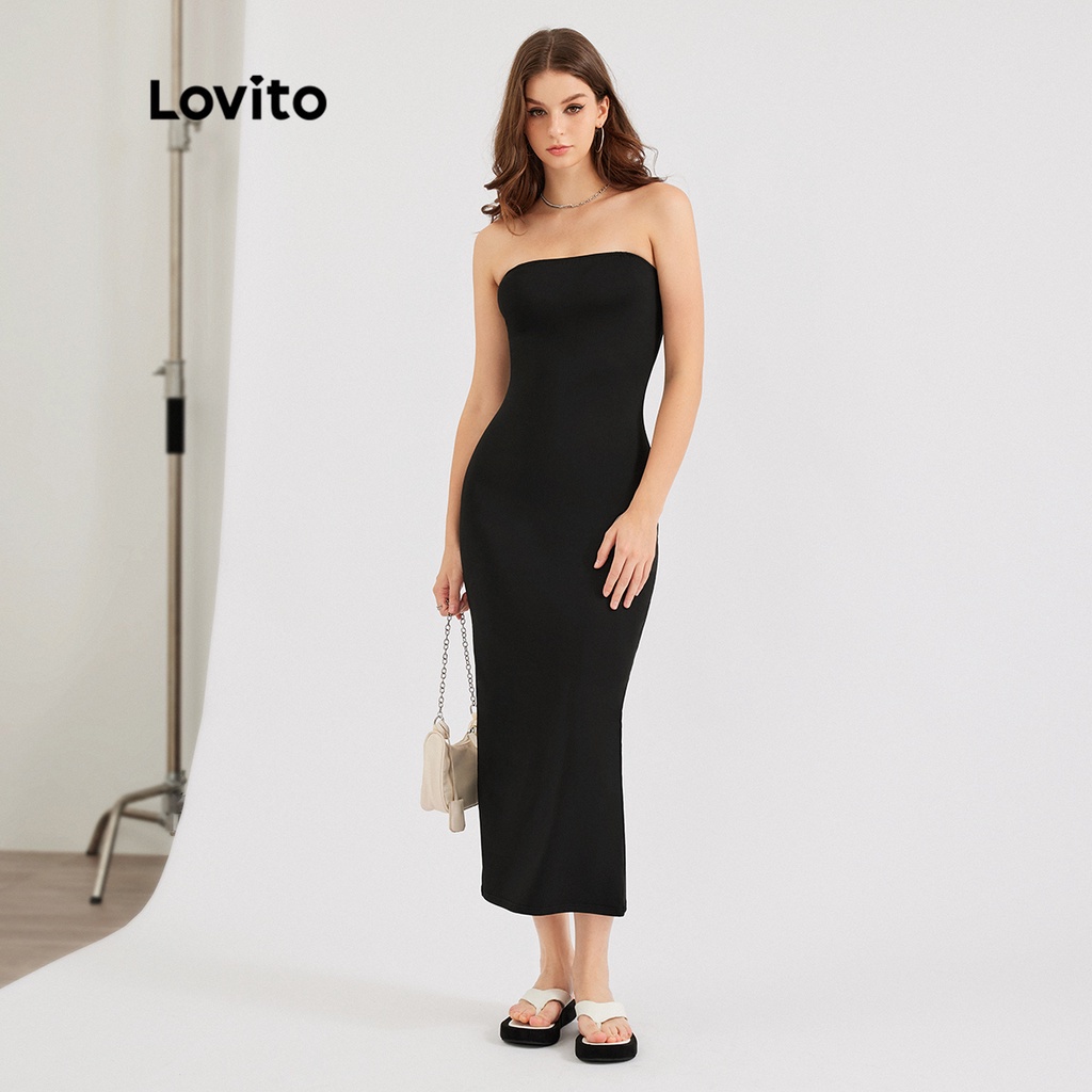 (Em Estoque) Lovito Vestido Casual Liso Dividido Bodycon De Ombro Frio L30ED009 (Preto)
