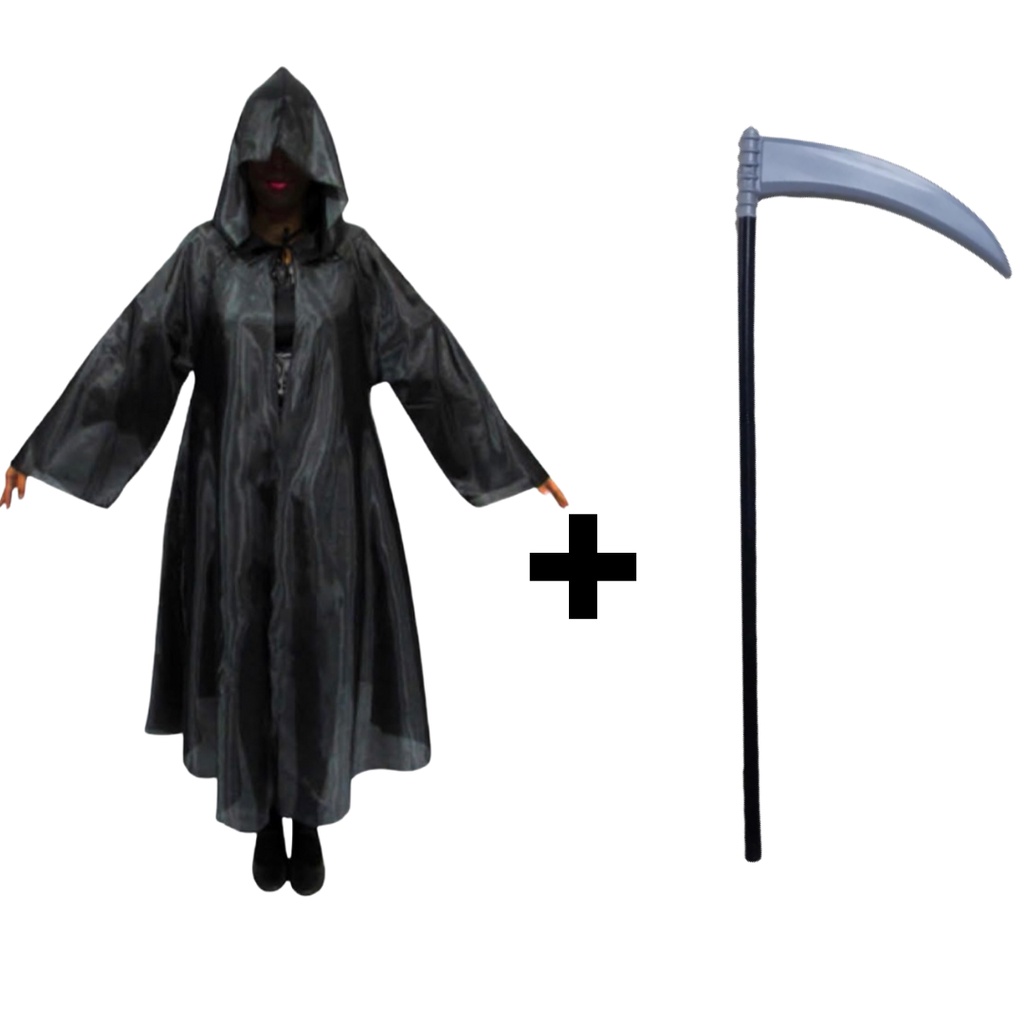 Fantasia Halloween Capa Mago Feiticeiro Com Capuz e Foice Capa Pânico Infantil Completo Carnaval Cosplay