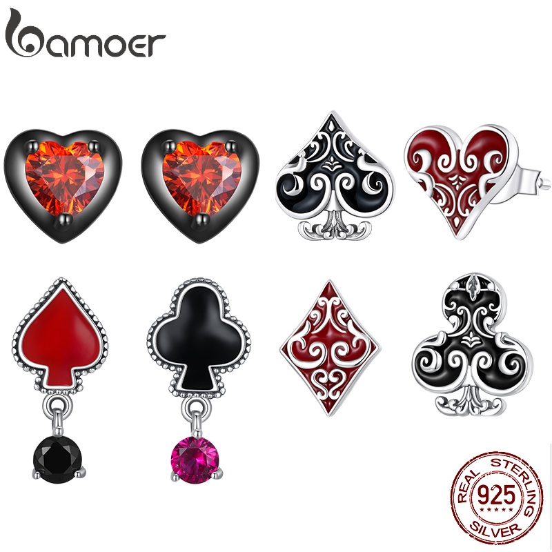 Bamoer 925 Silver dark series Brincos Pôquer E Coração Preto Cravo Para Mulheres Homens Jóias De Moda