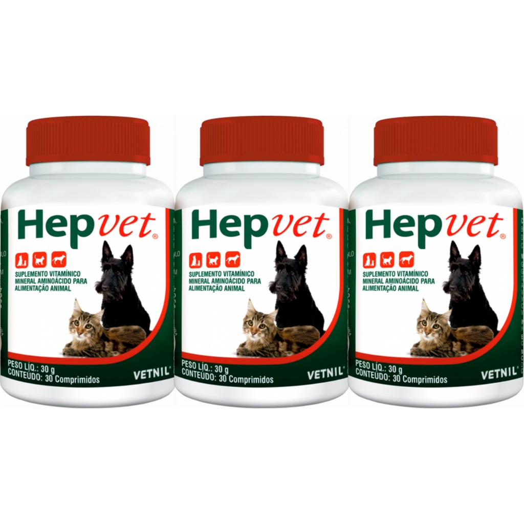 3 Hepvet Suplemento Hepático Cães Gatos 30 Comprimido Vetnil
