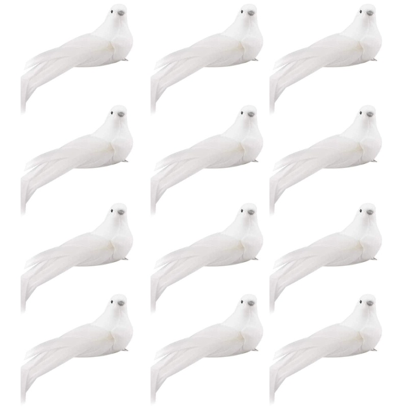 Estone 12 Peças Decorativas Pombas Falsas Penas De Espuma Artificial Pássaros Brancos Com Clipe Falso Cauda Longa Árvore