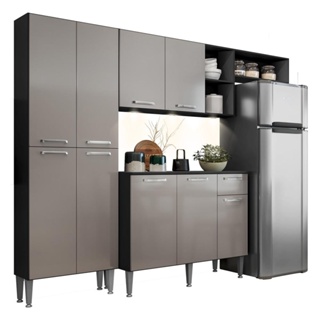 Cozinha Compacta c/ 3 Leds Armário e Balcão com Tampo Pequim Multimóveis Preta/Lacca Fumê em Oferta na Shopee