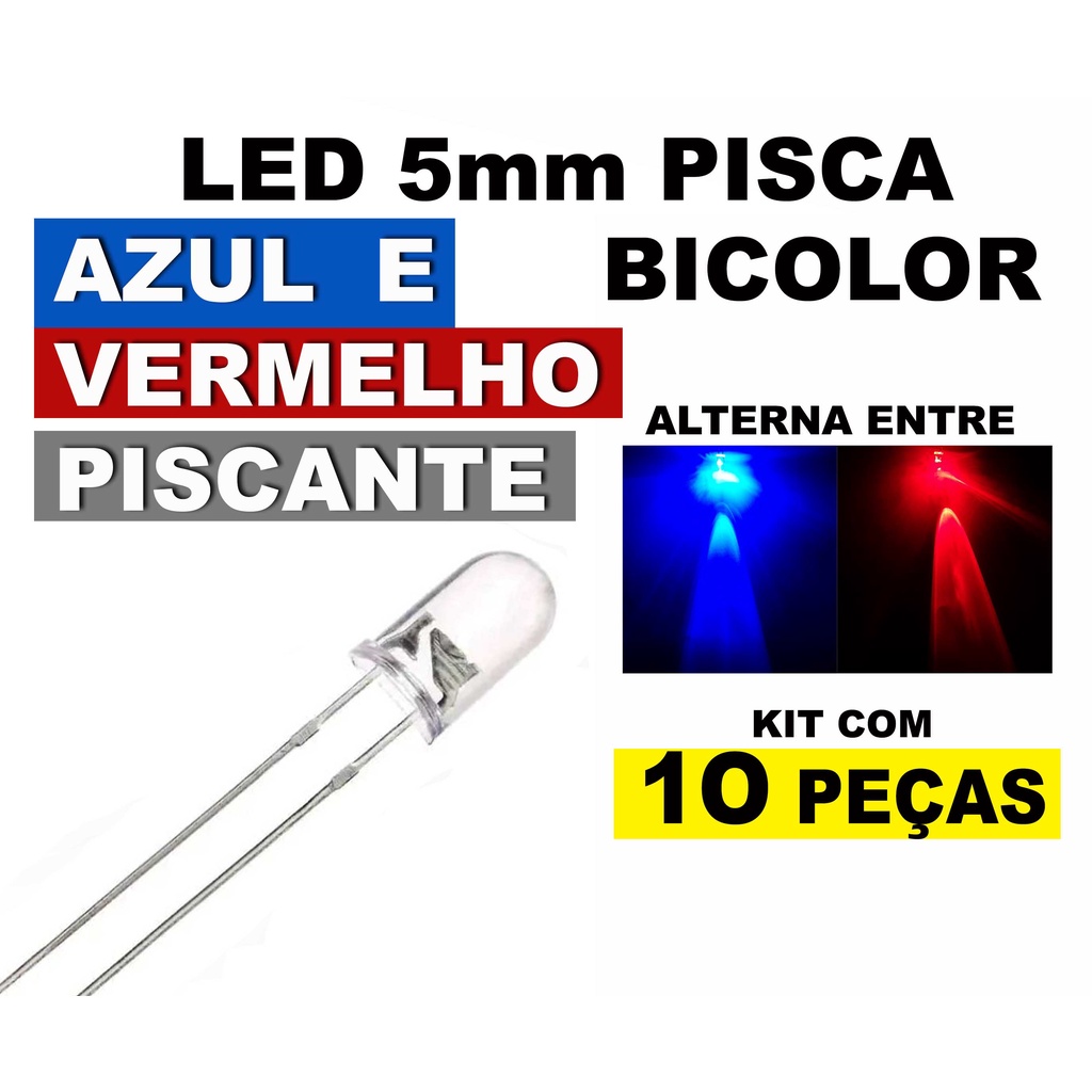 Led 5mm transparente PISCA automático bicolor AZUL - VERMELHO em Oferta na Shopee