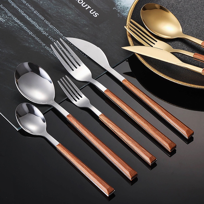 430 Utensílios De Mesa De Aço Inoxidável Alça Colher De Grãos De Madeira Garfo Ocidental Café Frutas Para