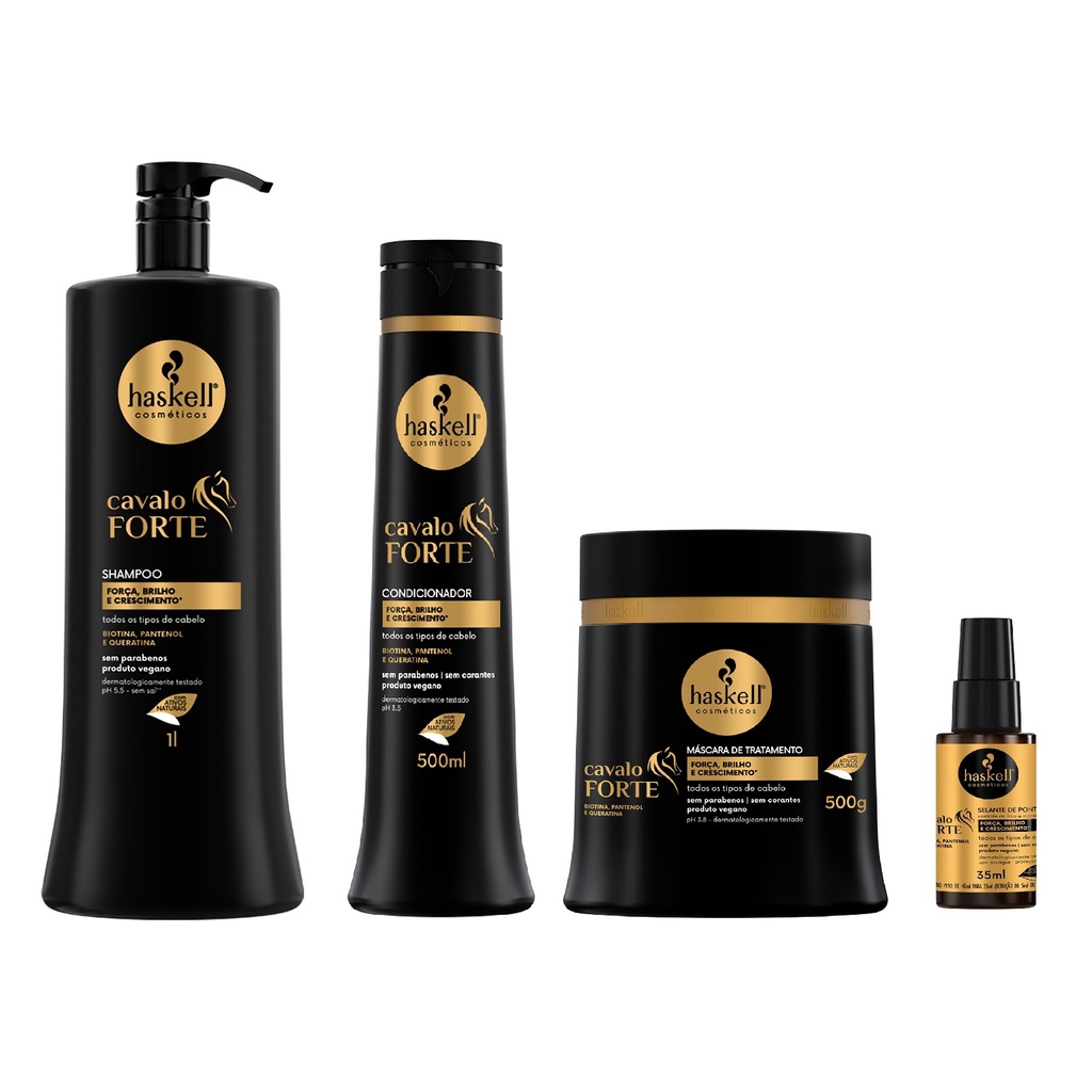 Kit Cavalo Forte Shampoo 1L, Condicionador 500ml, Mascara Cavalo Forte 500g e Selante de Pontas 35ml , Força Brilho e Crescimento